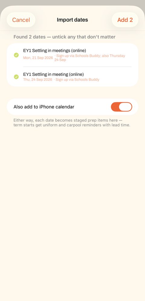Import dates: found 2 dates, both ticked, with a toggle to also add them to the iPhone calendar