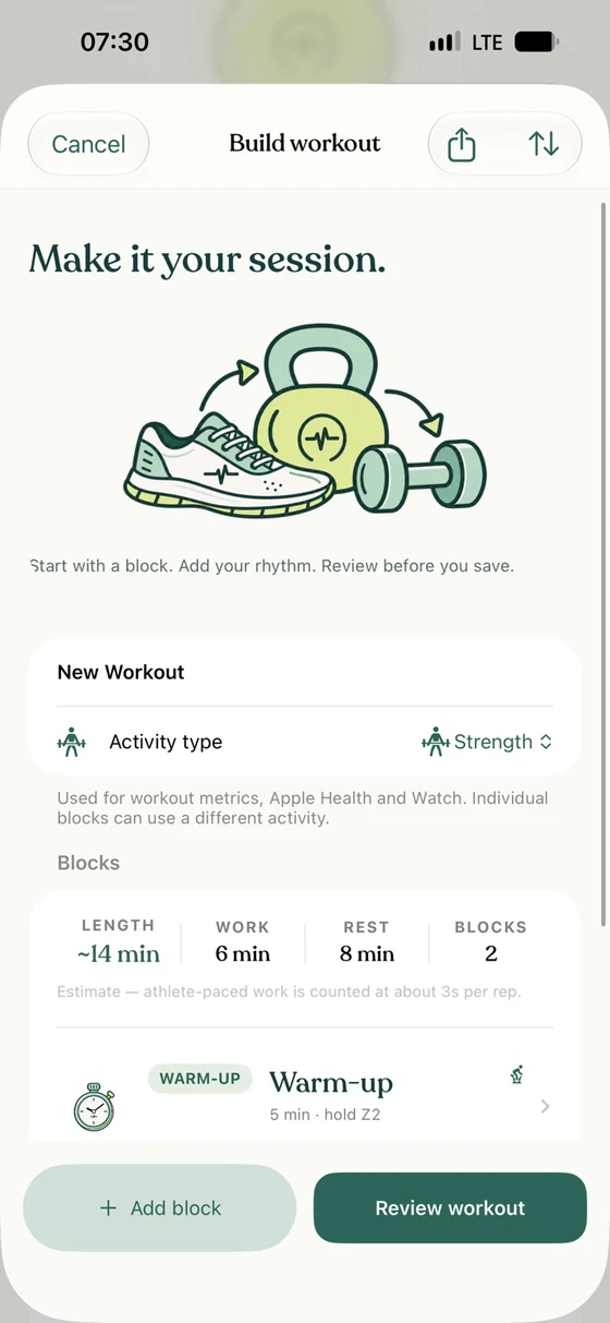Illustrated Mode workout builder with strength activity, estimated work and rest totals and a five-minute Zone 2 warm-up