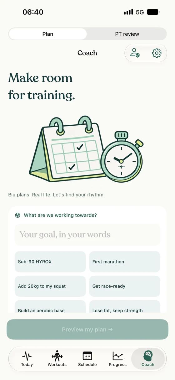 Mode Coach goal entry with calendar and stopwatch illustration and suggested training goals