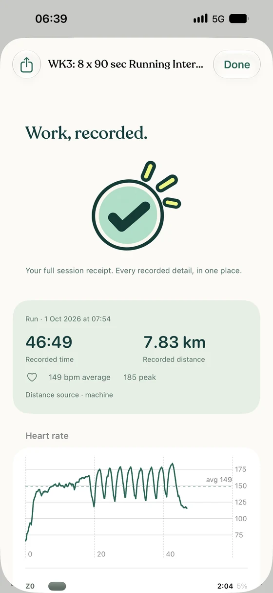 Running workout receipt: 46:49, 7.83 km, 149 bpm average, 185 peak and a recorded heart-rate graph