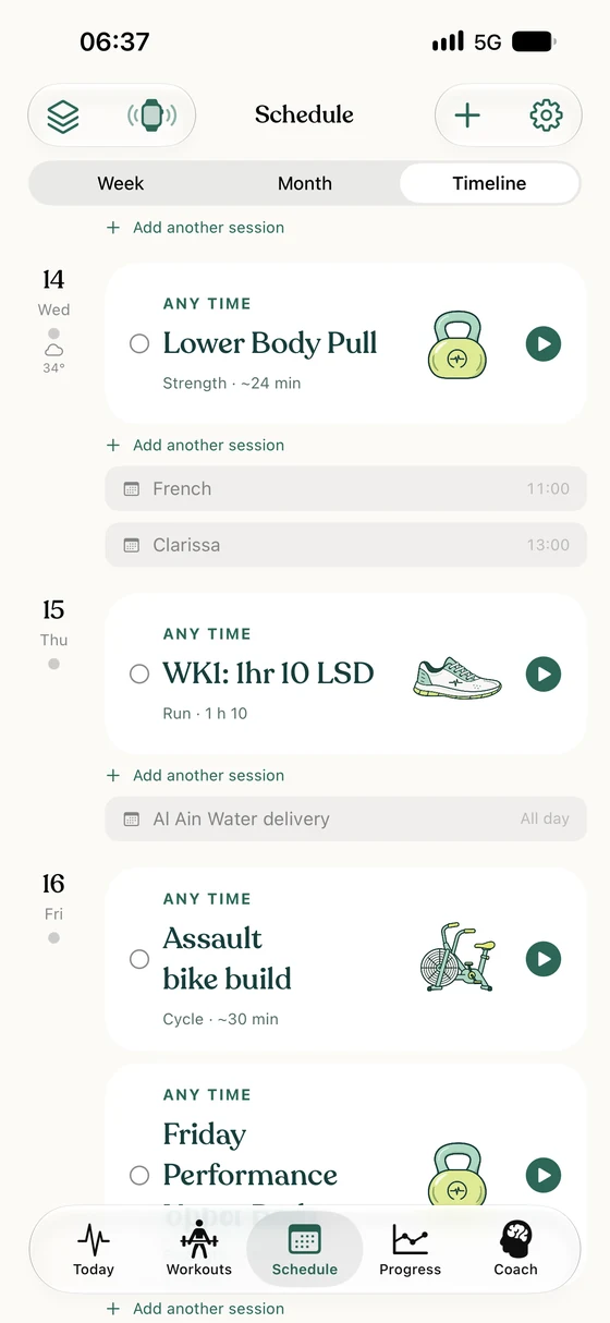 Mode schedule timeline with lower-body strength, a long run and an air-bike workout alongside calendar events