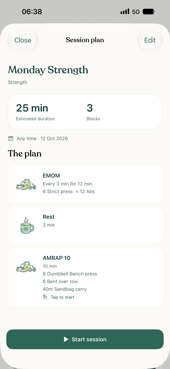 Monday Strength session plan: EMOM, three-minute rest and AMRAP blocks with exercises and repetitions