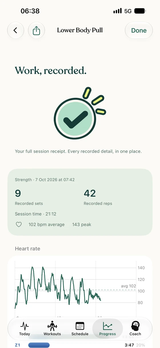 Lower Body Pull receipt: nine recorded sets, 42 reps, 21:12 session time, 102 bpm average and 143 peak