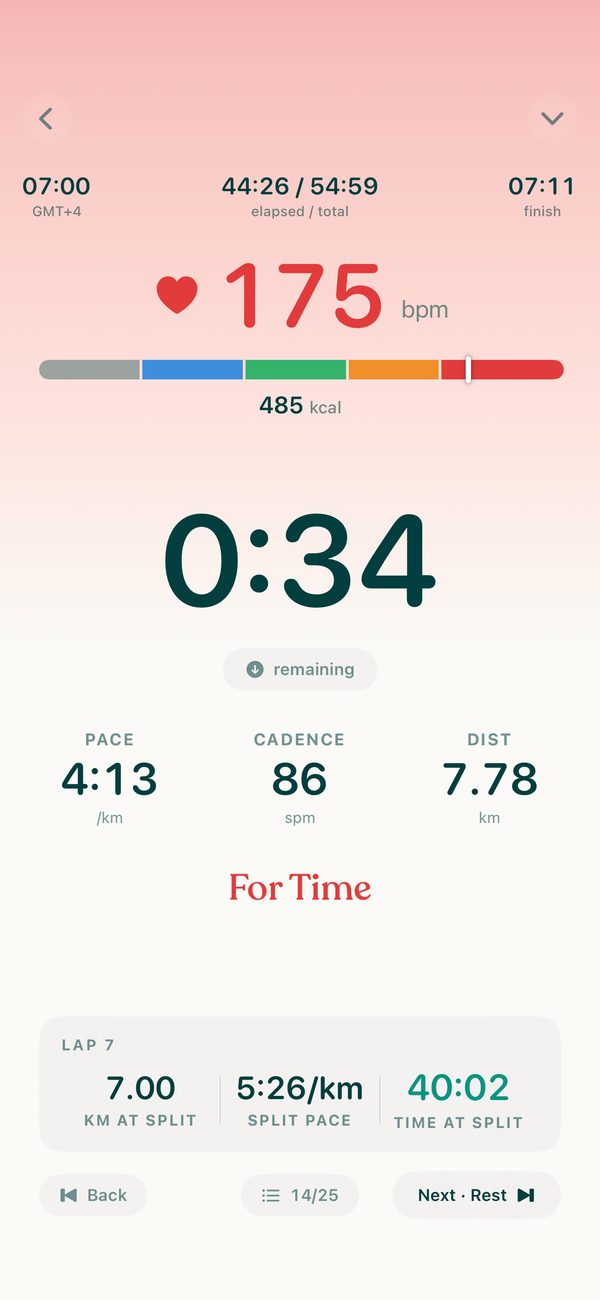 Mode live session: 175 bpm, 0:34 remaining, pace 4:13/km